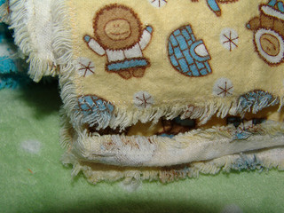 Close up of the stitching and frayed edges